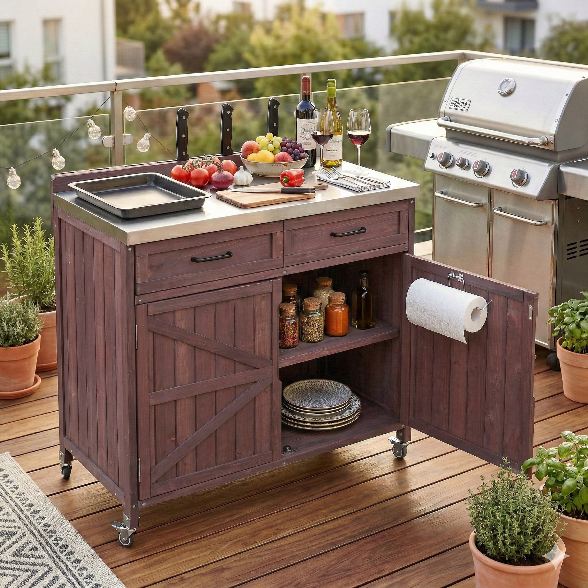 39.4" Grill Cart with Stainless Table Top, Outdoor Storage Kitchen Cart with One Large Drawer, Adjustable Shelves, Internal Storage Racks & 4 Wheels for Pizza Prep