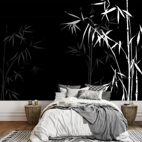 wall26 - Vector - White Bamboo Branches Imprint on Black Background. Japanese Chinese Elements in Asian Ornament Style. - Removable Wall Mural | Self-Adhesive Large Wallpaper - 66x96 inches