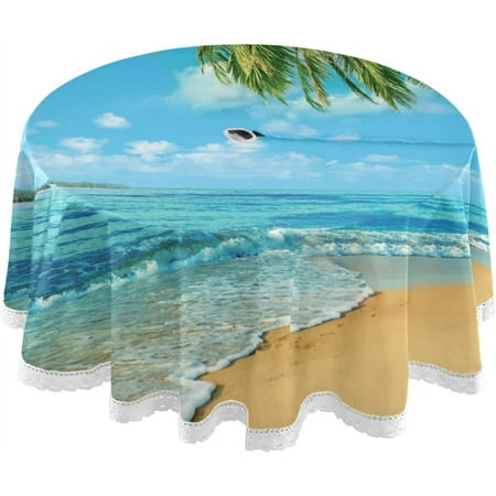 

SKYSONIC Sandy Beach Round Tablecloth 60In Waterproof Round Table Cloths with Umbrella Hole and Zipper Party Patio Table Covers for Outdoor Backyard /BBQ/Picnic
