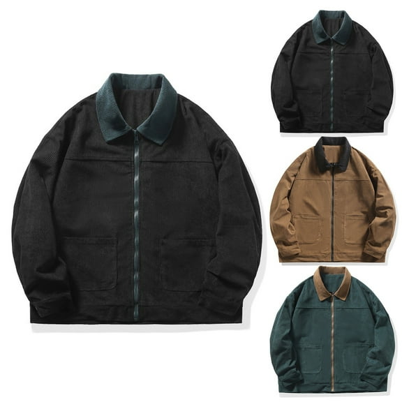 Men Corduroy Jacket - Lapel Collar Long Sleeve Patchwork Color Casual Jacket Coat with Pockets Zipper Placket