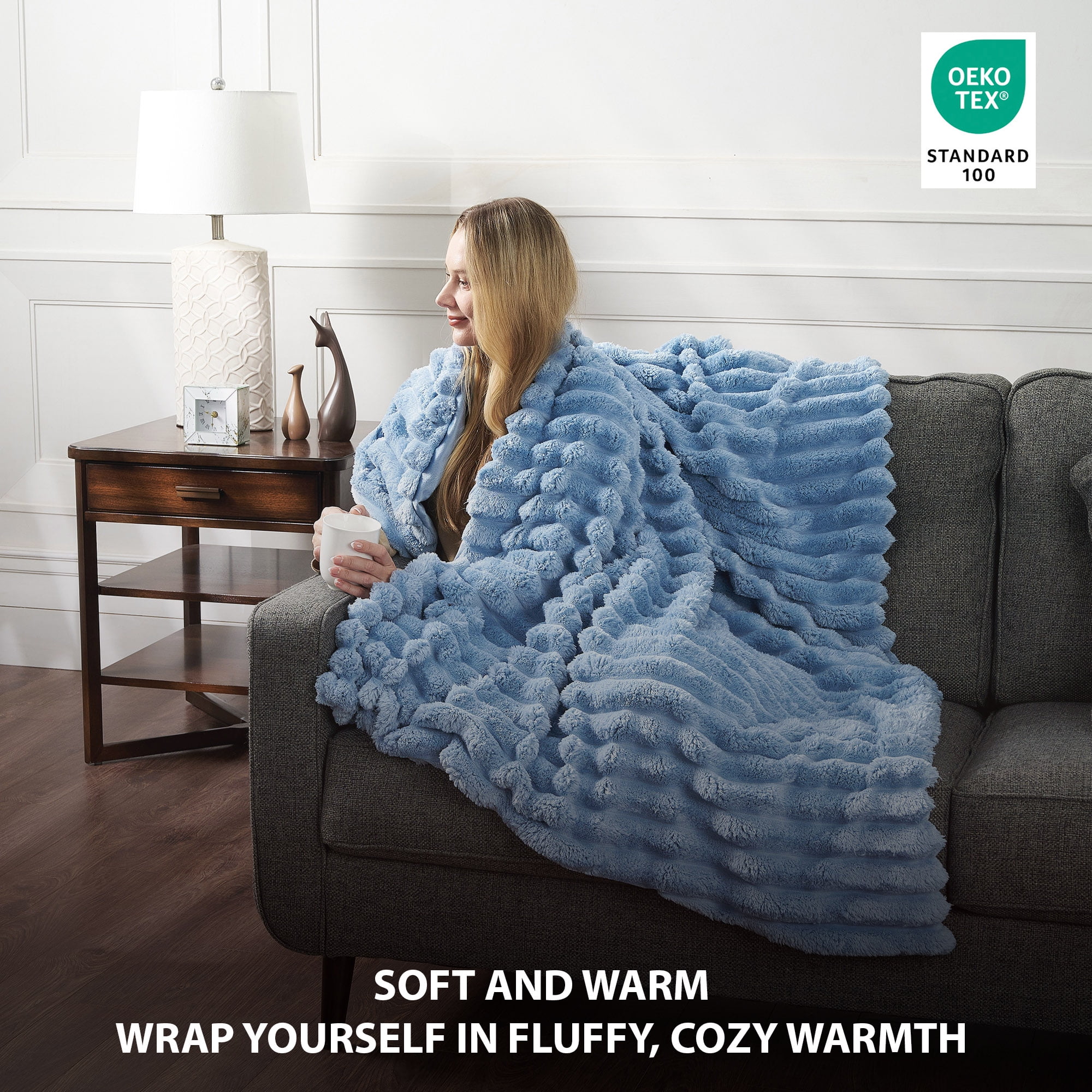 CBCHome Jumbo Velvet Plush Wide Ribbed Throw Blanket - Super Soft, Warm, Cozy Fluffy Throw for Couch, Bed, Sofa - All Season Décor (Ashley Blue, 50" x 60")