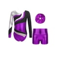 thumbnail image 1 of iefiel Costume de Gymnastique pour Filles Manches Longues Col Rond Justaucorps avec Shorts et Couvre-Chef Violet 16, 1 of 5