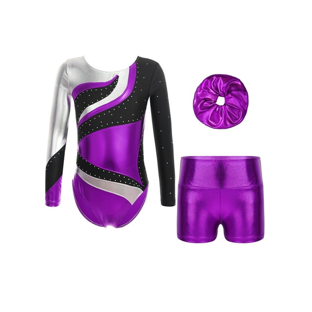 Lejafay Justaucorps de Gymnastique à Manches Longues et Col Rond pour Filles avec Shorts et Tenues de Danse Violet 8