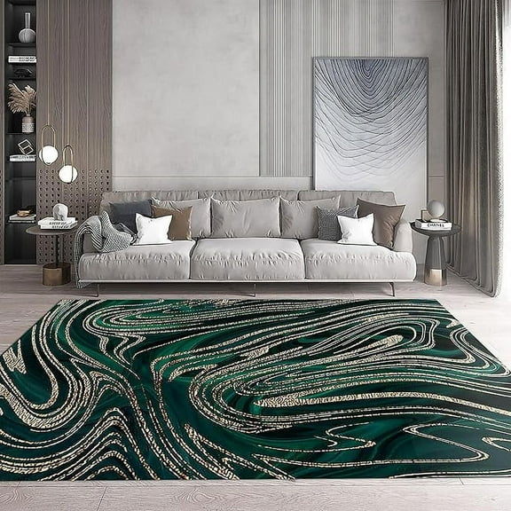 Emerald Green Gold Swirl Marble Area Rug, Retro Light Luxury Fashion Rugs For Living Room, Soft Machine Washable Non-Slip Carpet For Indoor Bedroom Office Decor Rug 5 x 7ft