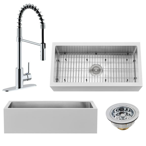Westbrass BSS136WKS18-26 36" Single Bowl 14 Ga. Stainless Steel/White Solid Surface Kitchen Sink with Open Coil Faucet and Drain Basket, Polished Chrome