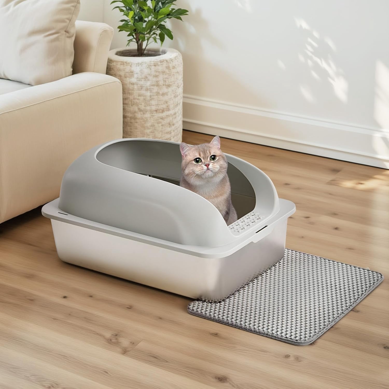 Atilioo Stainless Steel Cat Litter Box with Lid, Metal Litter Pan High Sided, Anti-Urine Leakage, Easy Clean, Never Absorbs Odors, Include Scoop & Mat, Light Gray