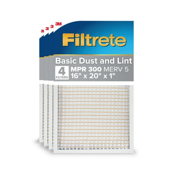 Filtrete 16x20x1 HVAC Furnace Air Filter, MPR 300 MERV 5, Dust Reduction, 4 Filters