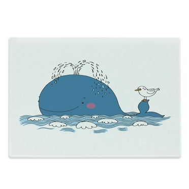 Whale Cutting Board, Sea Mammal Caricature Swimming in the Ocean and Splashing Water Seagull, Decorative Tempered Glass Cutting and Serving Board, Large Size, Blue and White, by Ambesonne