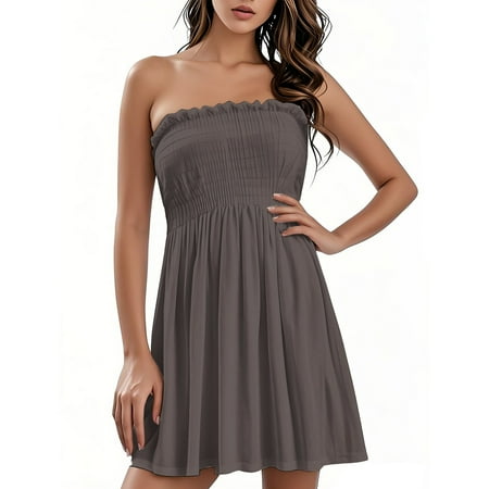 OAMDNDEA Beach Dresses for Women 2025 Vacation Strapless Sleeveless Tube Top Dress Summer Solid Color Beach Coverups Sexy Cute Off the Shoulder Boho Dress Beach Vacation Clothes Gray XL