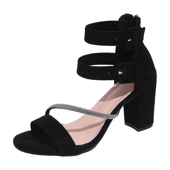 HomeDM Women's Strappy Low Chunky Block Heels Sandals Open Toe Comfortable Ankle Strap Dress Pump Shoes, Black Size 9.5