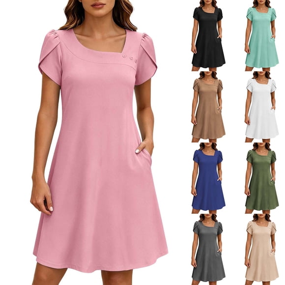 Sentmoon Modest Dresses for Women Long Dresses 2026 Solid Color Short Sleeve Regular Fit Summer Maxi Dress with Pockets for Date Night S-XXL