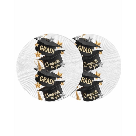 Graduate Round 13 Inch Placemats Set of 2, Funny Words Modern Art HeatResistant Non Slip Place Mats for Dining Table, Wipeable Braided Kitchen Table Mats for Housewarming