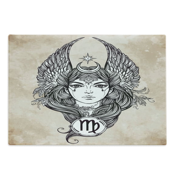 Zodiac Cutting Board, Astrological with Girl Earth Element in Female Form Graphic Design, Decorative Tempered Glass Cutting and Serving Board, Large Size, Black and Tan, by Ambesonne