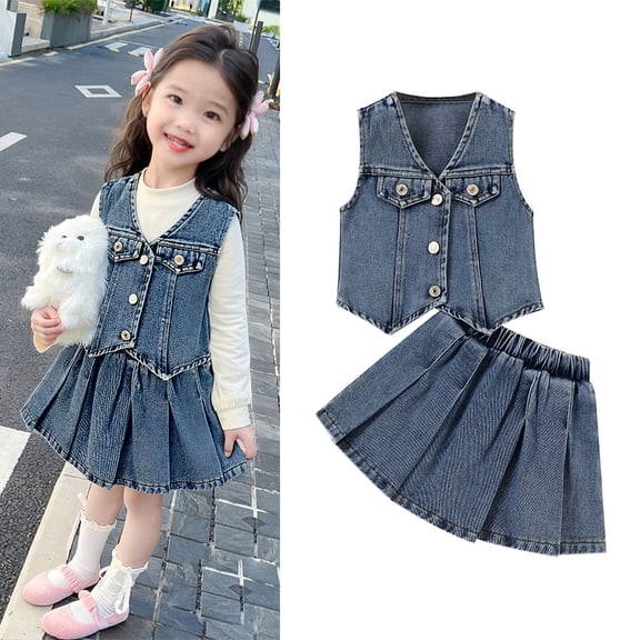Girl's Denim 2 Piece Outfit Denim Sleeveless Button Down Vest with Pleated Skirt Girls Jean Sets 2-3 Years