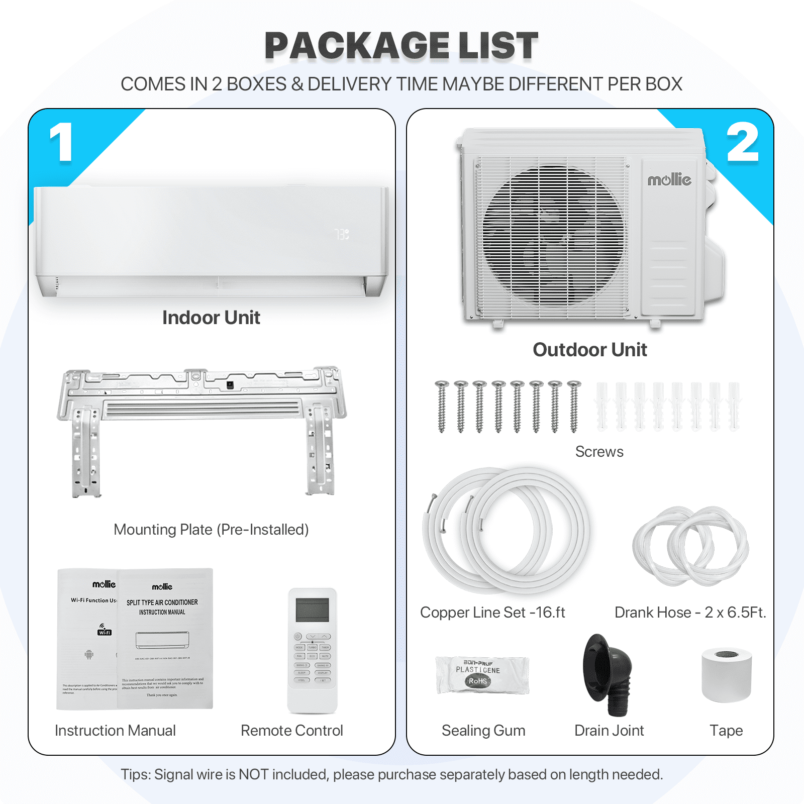 mollie 24000 BTU 20 SEER WIFI Enabled Mini Split Air Conditioner & Heater, Wall-Mounted AC Unit Cools Rooms up to 1500 Sq.Ft, Energy Efficient Inverter AC with Heat Pump, White