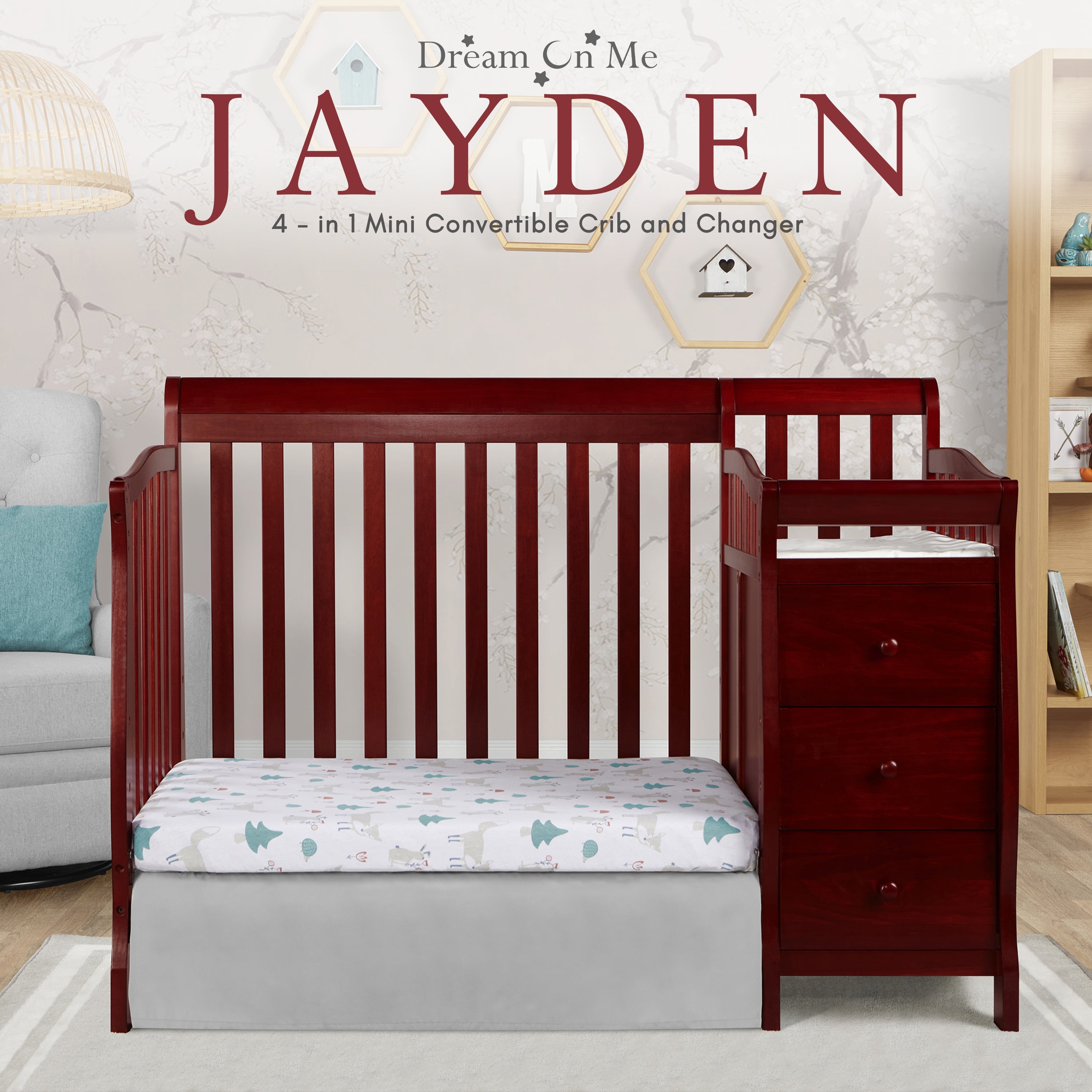 Dream On Me Jayden 4-in-1 Convertible Mini Crib and Changer, Cherry