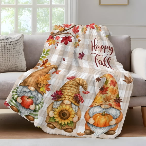 Fall Gnomes Fleece Throw Blanket for Couch, Thanksgiving Pumpkin Maple Leaves Brown Plaid Microfiber Flannel Blanket for All Season, Lightweight Soft Throw Blankets for Girls, Kids, Teens, 40"x60"