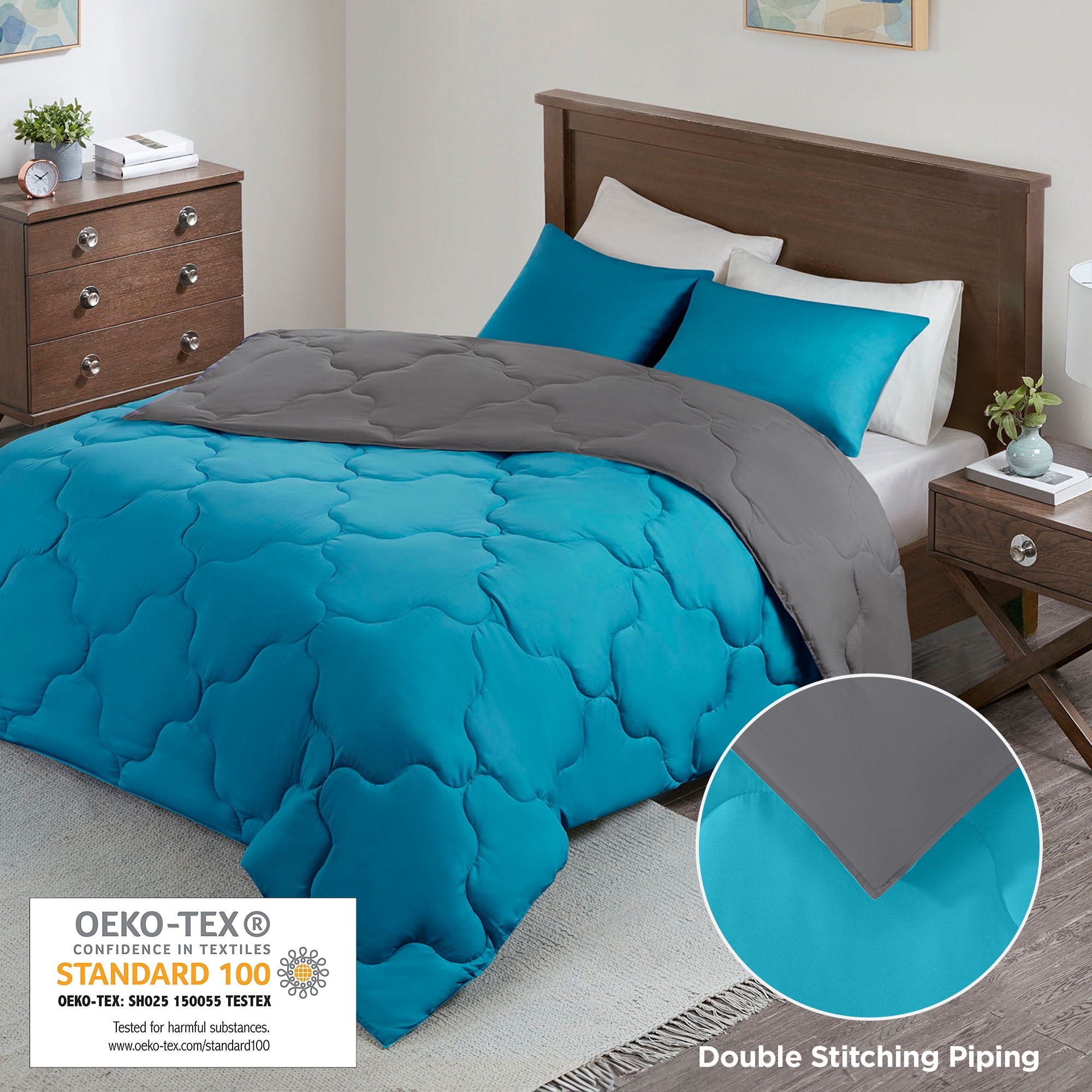 Comfort Spaces Full/Queen Size Comforter Sets, 3-Piece Reversible Bedding Set, Comforter Bed Set, Teal/Dark Gray