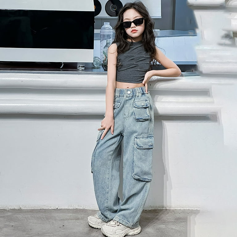 Girls'Fashion Jeans High Waist Wide Leg Pants Teen Clothing Clean