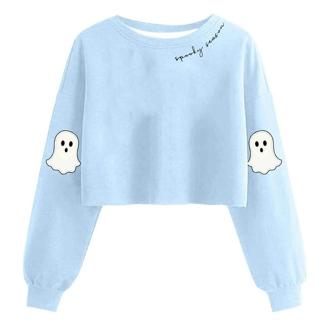 Lcziwo Chandail Court pour Femmes Halloween, Saison Effrayante, Graphique de Fantôme, Chandail à Manches Longues Lanterne, Col Rond, Chandail Molletonné Décontracté, Tenues Mode Automne 2025, Bleu Pâle, TG