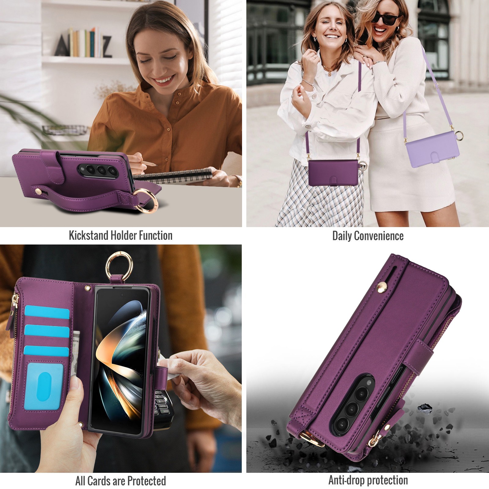 ELEHOLD For Samsung Galaxy Z Fold 4 Phone Case Leather Crossbody Zipper Card Wallet Flip Case Kickstand Cover, with Ring Holder,Full Body Protection-Deeppurple