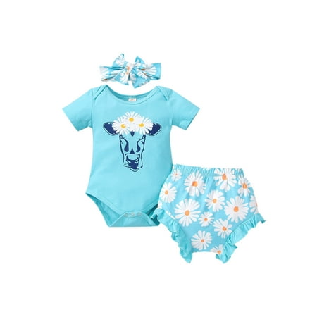 

Canrulo Baby Girls 3Pcs Outfits Short Sleeve Bull Head Printed Romper Tops+Daisy Flower Pants+Headband Toddler Clothes Blue 18-24 Months