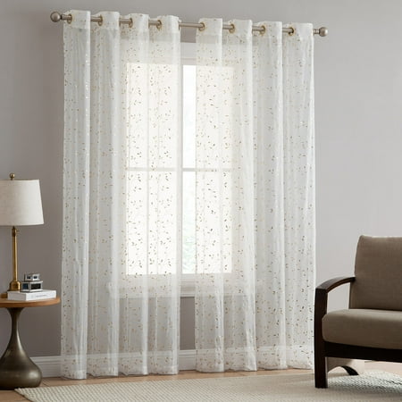 - Haven Metallic Leaf Vine Grommet Sheer Window Panel, Beige-Gold, 54x84 Inches
