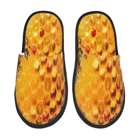 Balery Bees on Hive Honeycomb Slient Indoor Furry Fleece Comfort House Shoes Soft Non-Slip Home Shoes Cotton slippers House Slippers-- Medium