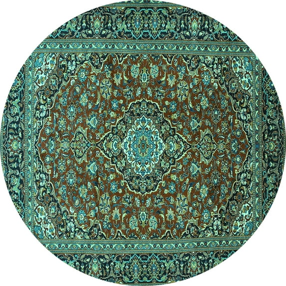 Ahgly Company Machine Washable Indoor Round Medallion Turquoise Blue Traditional Area Rugs, 3' Round