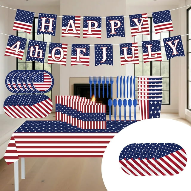 Juego de suministros para fiesta del Día de la Independencia con la bandera de EE. UU., vasos de papel, banderas de papel, suministros desechables para fiestas, artículos desechables