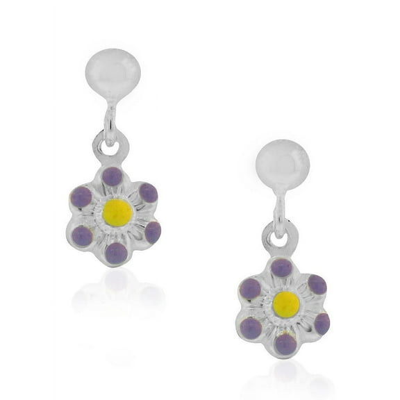 925 Sterling Silver Purple Enamel Flower Dangle Drop Earrings, 0.60"