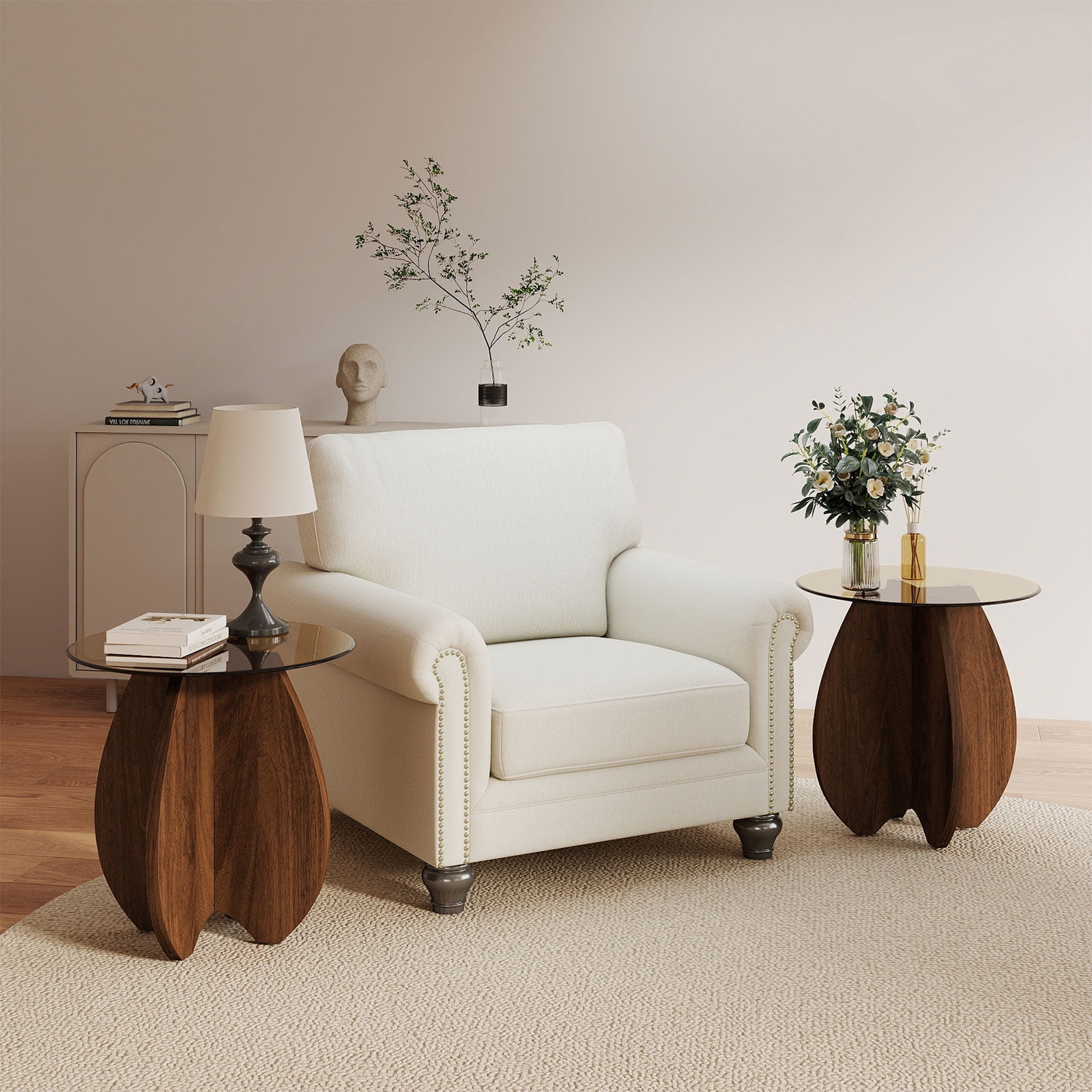 Permory MDF Frame Side Table with Brown Tempered Glass Top, Mortise and Tenon Joint Design, No Screw Easy Assembly, Sturdy End Table for Living Room, Bedroom