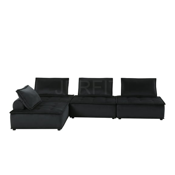 JERFIT Modern 4-Piece Velvet Sectional Sofa Couch Set, L-Shaped Modular Corner Chaise Lounge for Living Room, Black
