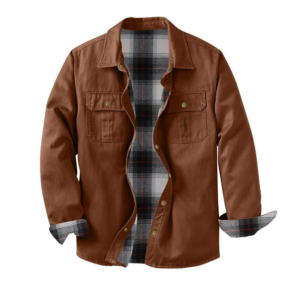 Men's Long Sleeve Utility Shirt Jacket Plaid Lined Button Down Shirt Collared Versatile Casual Shirt Work Outerwear