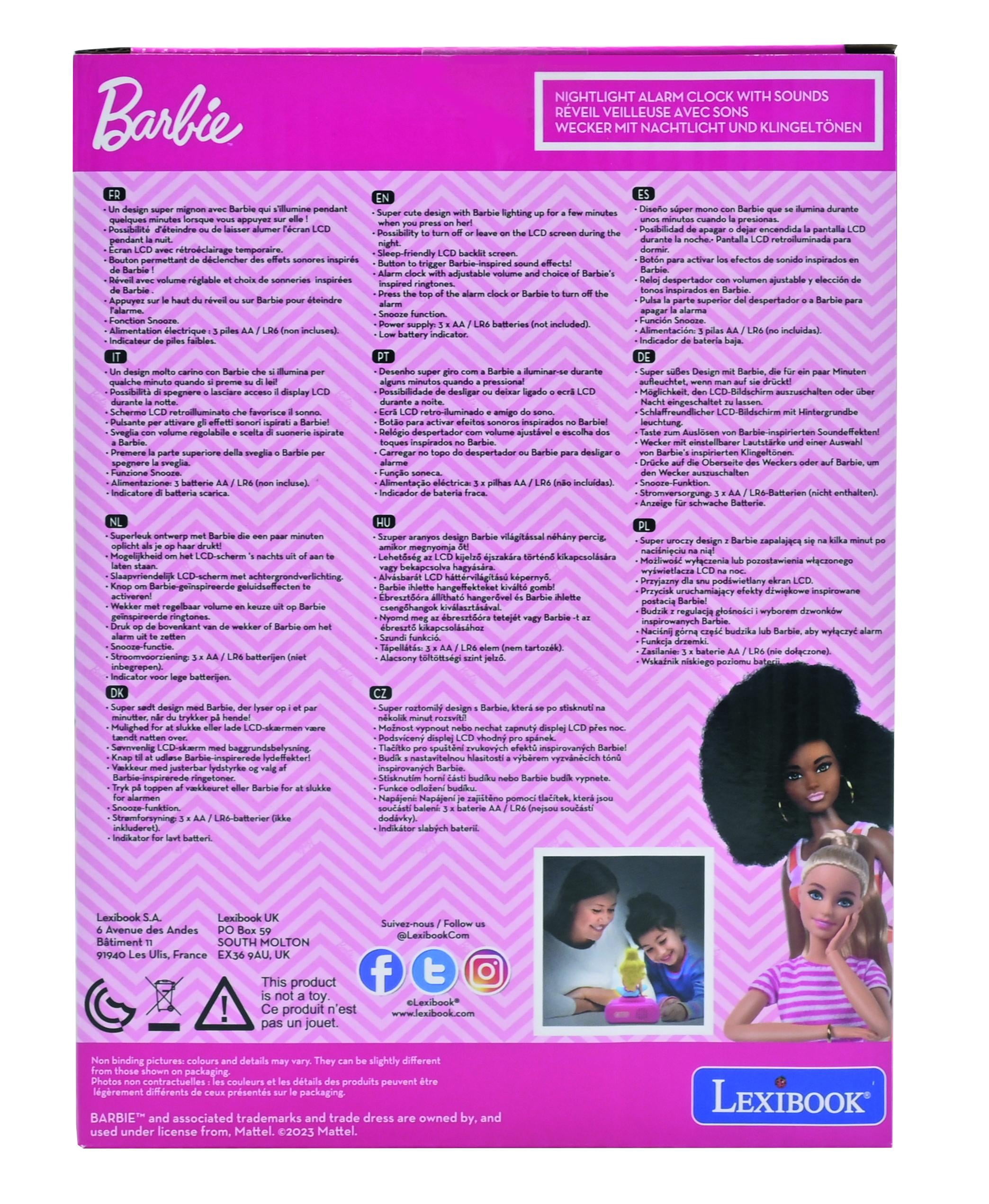 Lexibook, Mattel Barbie, Barbie Nightlight Alarm Clock, Sounds and Melodies, LCD Backlit Screen, Luminous, Snooze, Pink