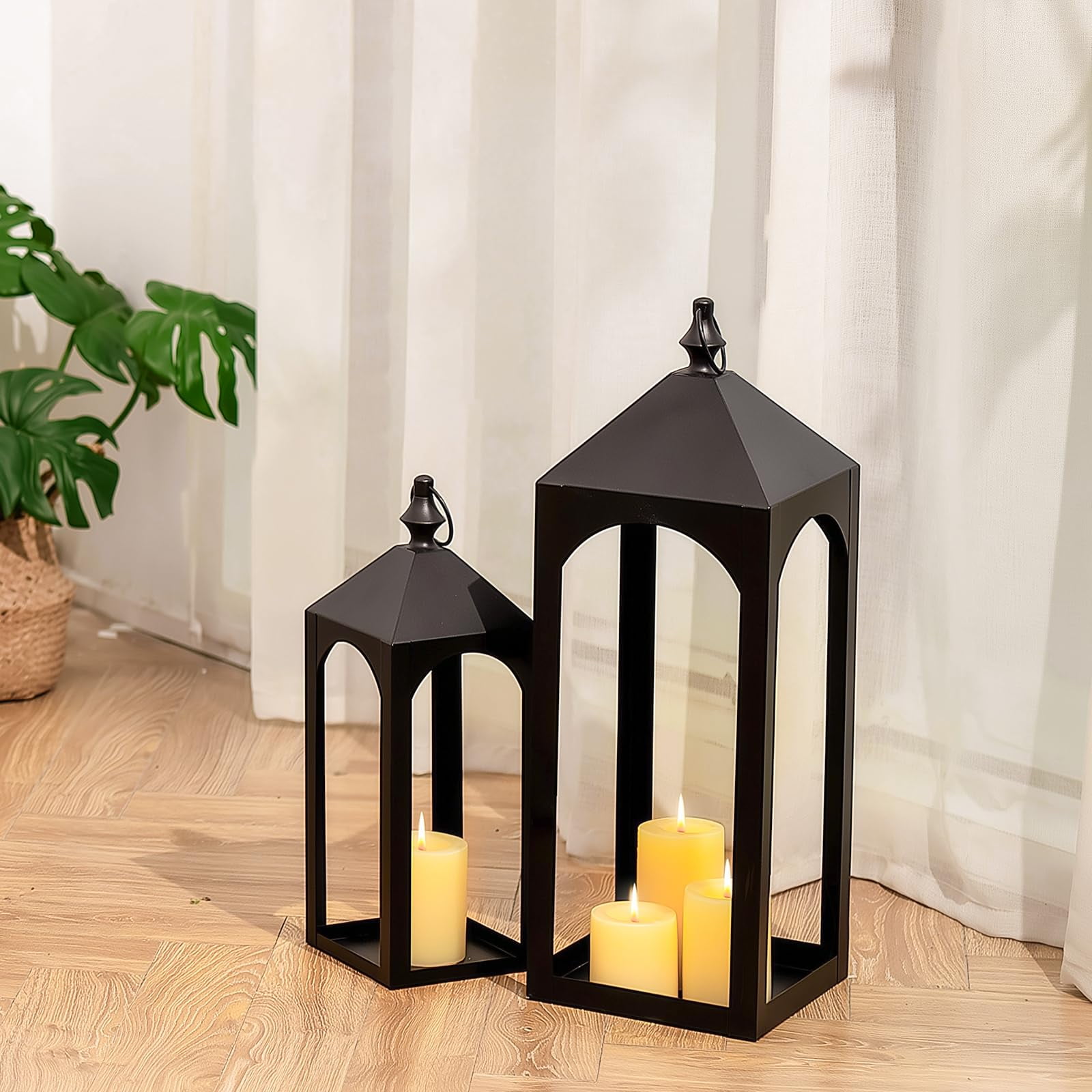 Nuptio Tall Black Lanterns Decorative Indoor for Pillar Candle Holder , Indoor Outdoor Lanterns for Porch & Patio ,17" & 23" Set of 2 ,No Glass M+L