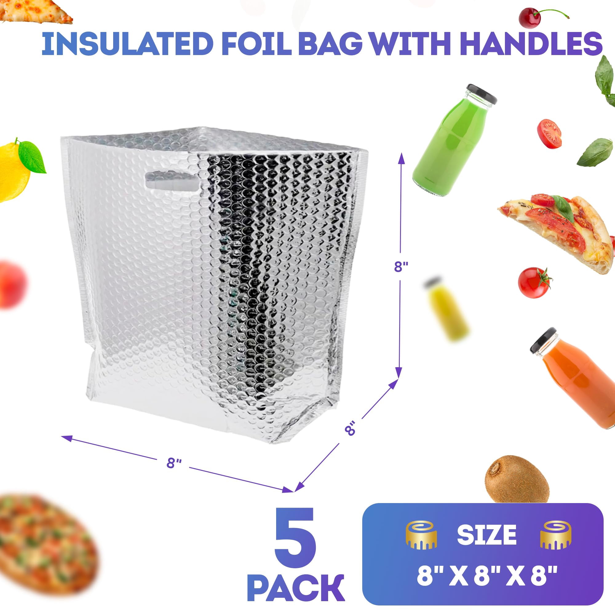 Metallic Insulated Foil Bag 8 x 8 x 8 Inch. 5 Pack of Aluminum Foil Insulated Shipping Bags for Food. Self Adhesive Padded Insulated Thermal Bags for Frozen Food. Durable Hot Insulated Bag
