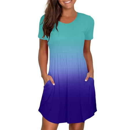

jsaierl Summer Dresses for Women 2023 Gradient Sundress Short Sleeve A Line Dress Crew Neck Casual Dress for Beach Vacation