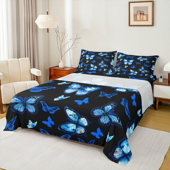 Manfei Dreamy Neon Butterfly Twin Sheet Sets, Kawaii Black Blue Animal Twin Fitted Sheet, Teens Girls Kids Female Flat Sheet, Luxury Bedroom Decor, 3pcs