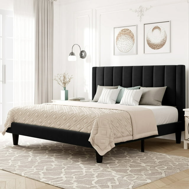 Allewie Full Size Velvet Upholstered Bed Frame with Vertical Channel ...