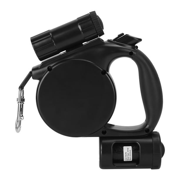 Correa retráctil automática 3 en 1 para mascotas, de plástico negro, portátil, con luz LED y bolsa de basura para perros y gatos.