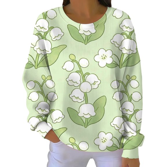 Kaondbfi Women's Lily of the Valley Flower Print Pullover Tops Fall Fashion Round Neck Loose Hoodless Sweatshirts for Women