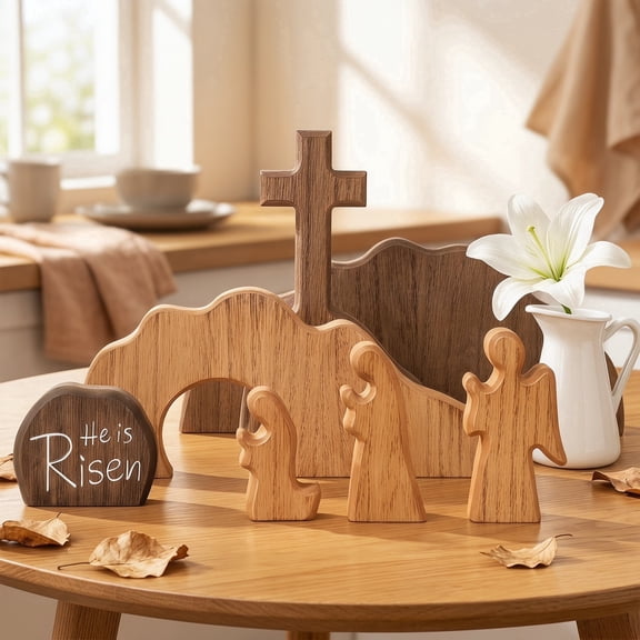 Easter Decoration Empty Tomb Scene Cross Decoration, Wooden Easter Resurrection Scene Cross Jesus Tomb Tray Set, Easter Decor for Religious Home Office Tabletop Christian Gifts