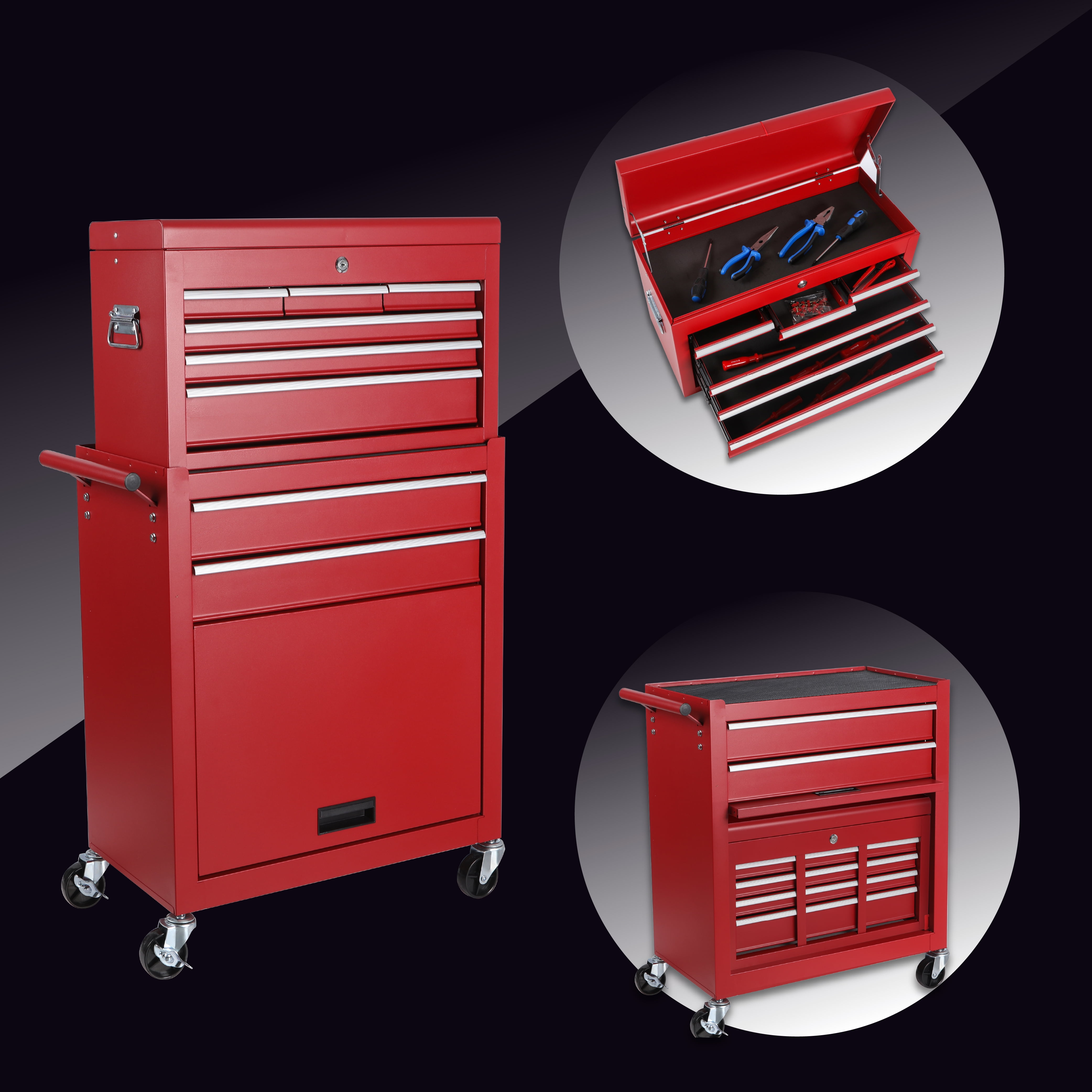 Noaman 8-Drawer Rolling Tool Storage Cabinet with Detachable Top Tool Box, 24.4"L x 13"W x 42.5"H, Steel Construction, Lockable Wheels & Side Hooks, Red