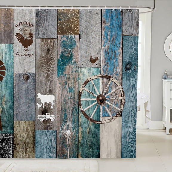 Rustic Windmill Fabric Shower Curtain, Farmhouse Wheel Vintage Life Shower Curtain Western Farm Barn Door Bathroom Shower Curtain Sets 72" W X 72" L Wooden Plank Cow Country Bath Curtain
