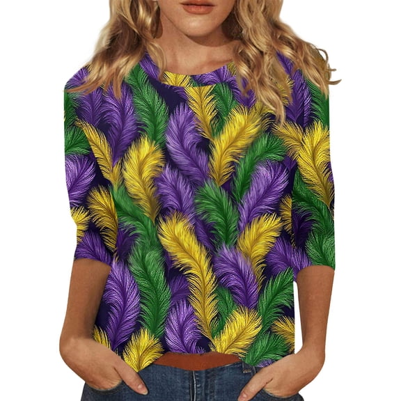Mardi Gras Shirts Womens Sequins Crew Neck Novelty Graphic Tee 3/4 Sleeve Feathers Print Purple Tops Purple XL