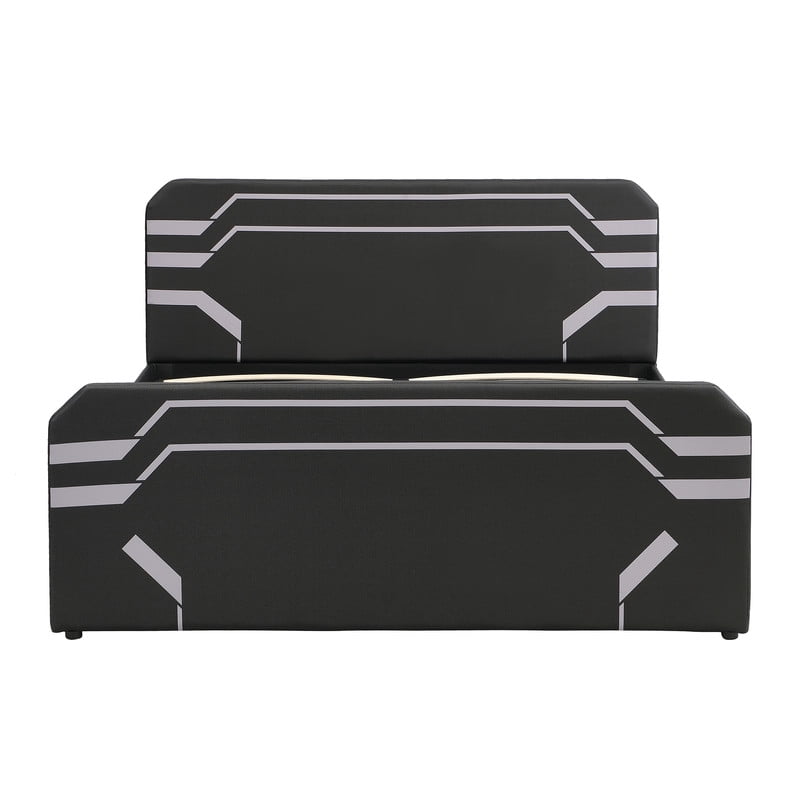 Queen Size PU Leather Gaming Bed Frame with Hydraulic Storage, Cyberpunk Style Platform Bed with Futuristic Pattern Headboard