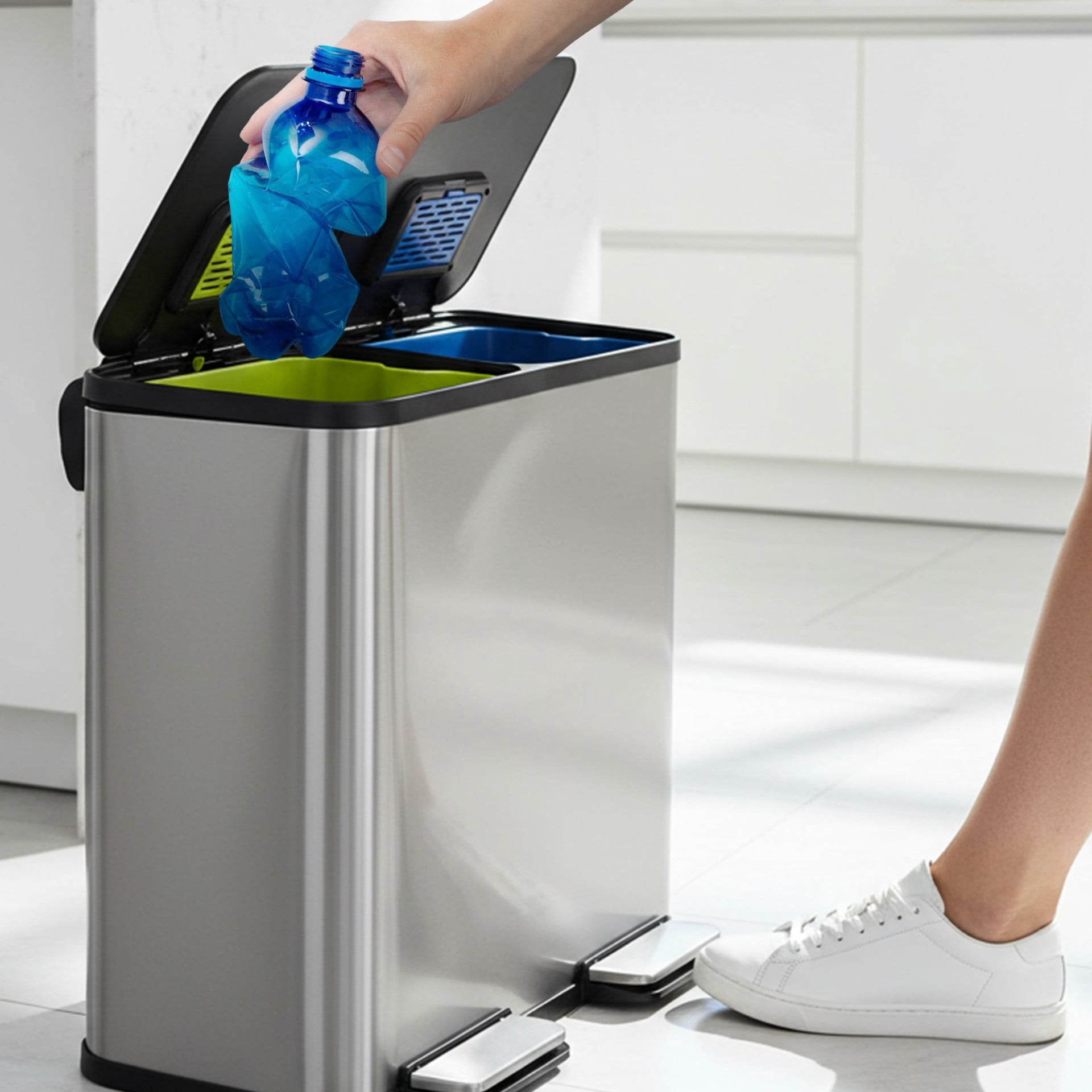 Simpli-Magic 21 Gallon Kitchen Trash Can, Stainless Steel Rectangular Step Garbage Bin with Lid, Dual Compartment Trash and Recycling, Silver