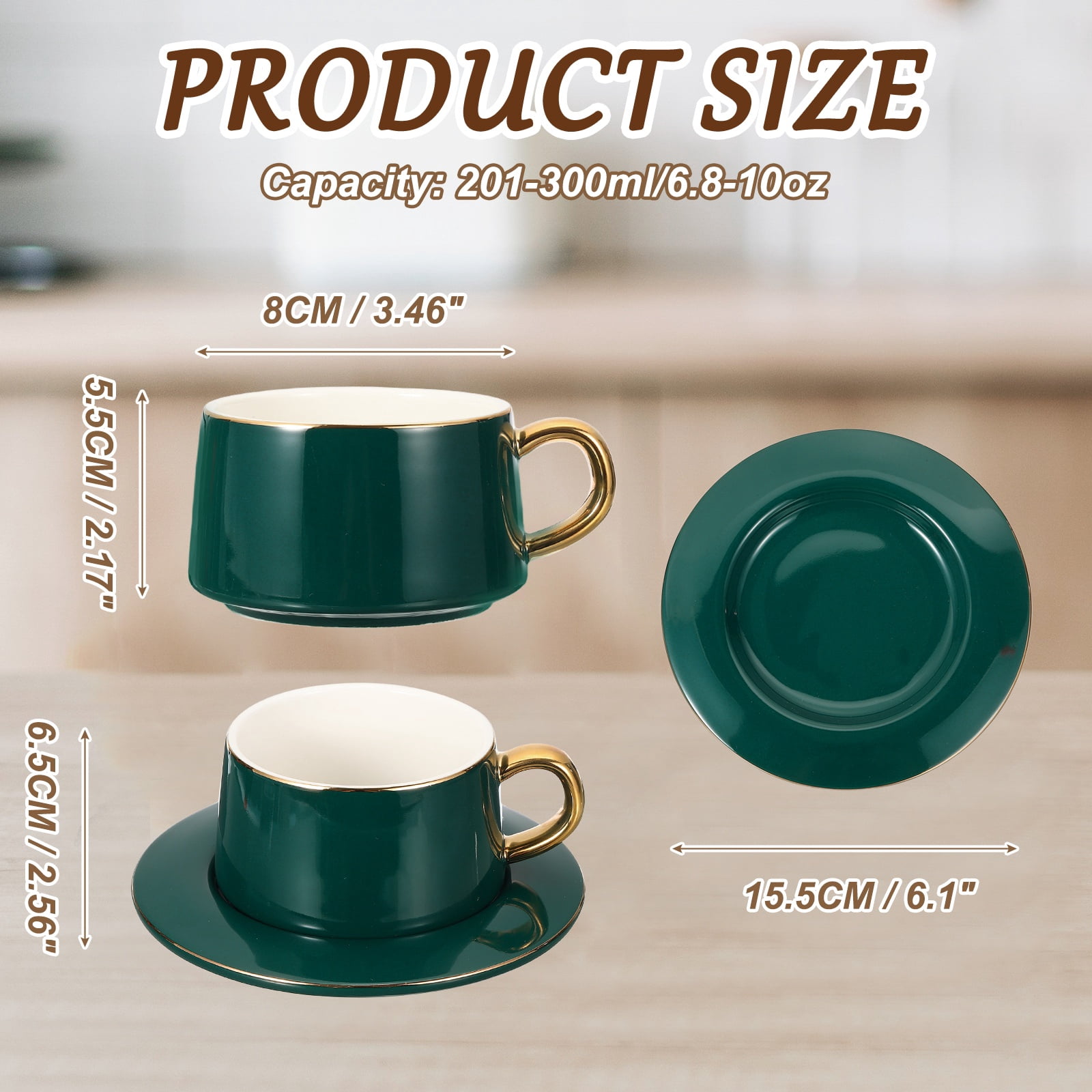 Uxcell 10oz Ceramic Coffee Mugs with Saucer Set, Creative Cute Cup with Handle Unique Irregular Design for Coffee Lovers Gift Tea Espresso Latte Kitchen Cafe Party Dishwasher, Green