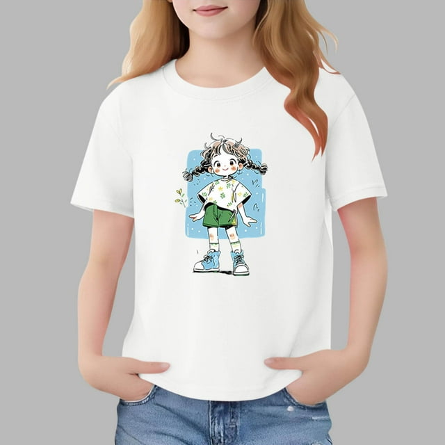 Blusas y camisas de manga corta con cuello redondo para niños Camiseta de verano de manga corta estampada para niñas Jersey elegante de cuello redondo para niñas Top de algodón para niños